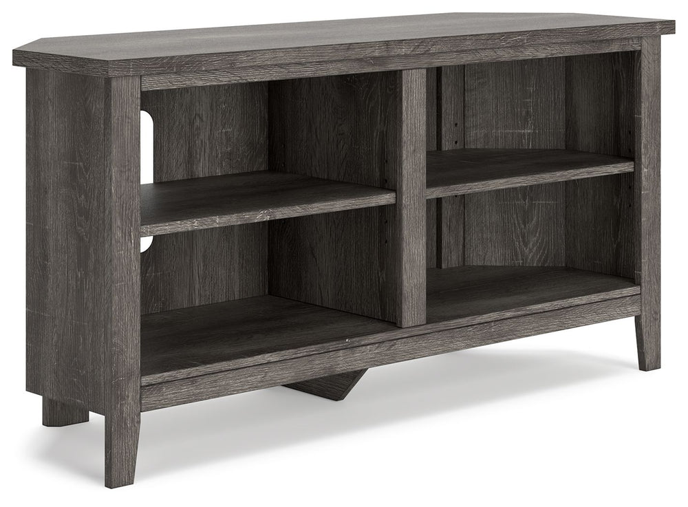 With its replicated weathered oak finish and authentic charm, this corner TV stand is right in tune with your relaxed approach to high style. Beautifully shaped to nestle into any corner, itâ€™s well equipped with shelving and cutouts for wire management.