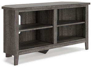With its replicated weathered oak finish and authentic charm, this corner TV stand is right in tune with your relaxed approach to high style. Beautifully shaped to nestle into any corner, itâ€™s well equipped with shelving and cutouts for wire management.