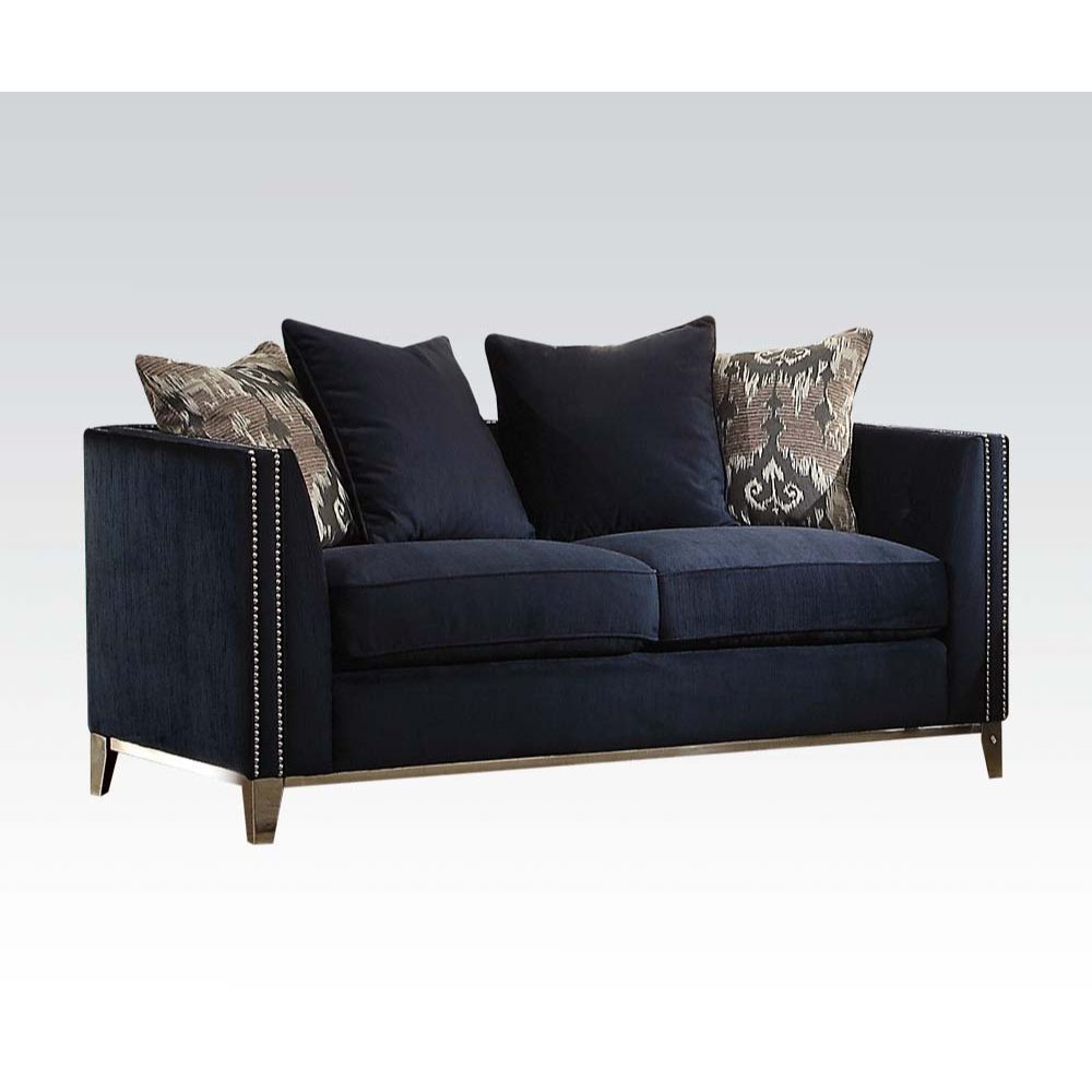 The Phaedra loveseat is an ideal choice for any living room. This blue upholstered loveseat features decorative Nailhead trim, duck feather filing, tight back and loose seat cushions. Four pillows are included for better and comfortable back support. Stre