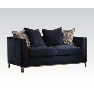 The Phaedra loveseat is an ideal choice for any living room. This blue upholstered loveseat features decorative Nailhead trim, duck feather filing, tight back and loose seat cushions. Four pillows are included for better and comfortable back support. Stre