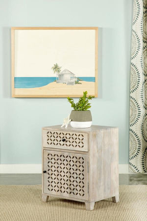  this contemporary accent cabinet makes a striking statement piece in a space. Designed with a lightly hued