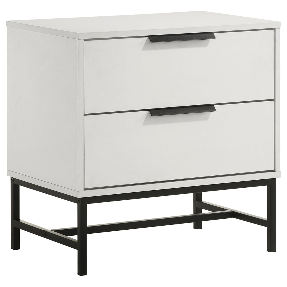 Put a fresh spin on bedside storage with a modern two-drawer nightstand. It shows off a clean, straight-lined silhouette, complete with easy drawers for nighttime essentials and personal items. Its wide top is big enough for a clock, reading lamp, and oth