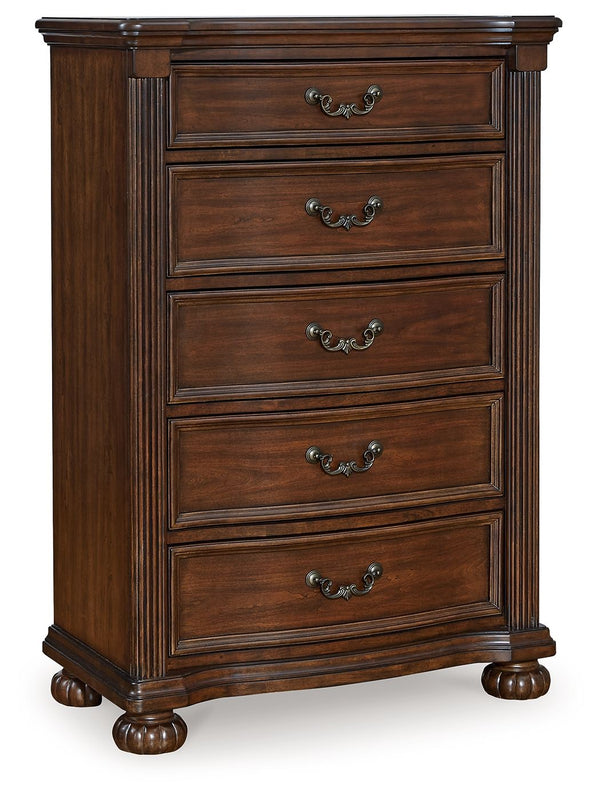 Take inspiration from the traditional luxury of this chest of drawers. Classic with a rich cherry brown finish, its stately presence graces your room with an air of opulence. Your taste for exquisite details is satisfied with decorative drawer pulls and c