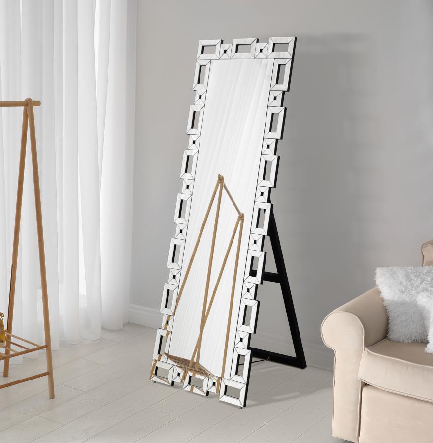 Check your fashionable ensemble with this charming, modern glam cheval mirror. A sophisticated frame of open rectangles and squares surrounds the main mirror, lending a Greek key-inspired silhouette for a classical aesthetic. Each sleek, boxy shape is cov