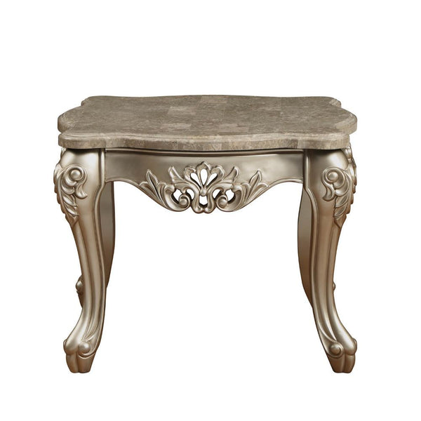 KD, Square Leg End Table â€¢ No Storage (Open Base) â€¢ Scalloped Marble Top: Spain Import Marble with MDF â€¢ Wooden Scalloped Apron with Carved Floral Motifs: Champagne Finish, Poplar Wood â€¢ Wooden Queen Anne Legs: Champagne Finish, Poplar Wood â€¢<br