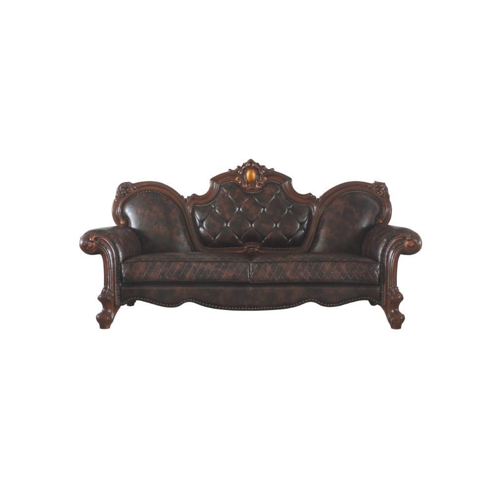 KD Back, w/3 Pillows Tight Back & Loose Seat Cushion (1+2) Diamond Tufted, Nail-head Trim, Oversized Crown & Raised Scrolled Trim: Antique Pearl w/Gold Brush (Backrest, Front Armrest & Base) Construction] Pocket Coil Seat