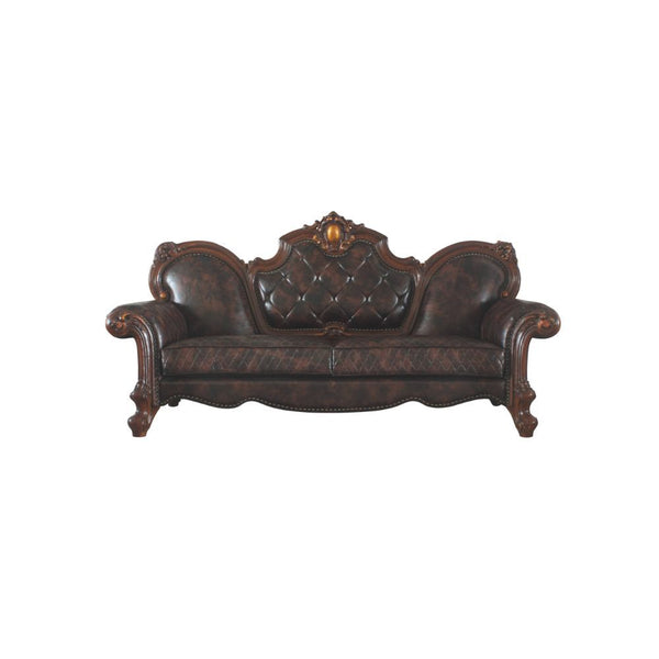 KD Back, w/3 Pillows Tight Back & Loose Seat Cushion (1+2) Diamond Tufted, Nail-head Trim, Oversized Crown & Raised Scrolled Trim: Antique Pearl w/Gold Brush (Backrest, Front Armrest & Base) Construction] Pocket Coil Seat