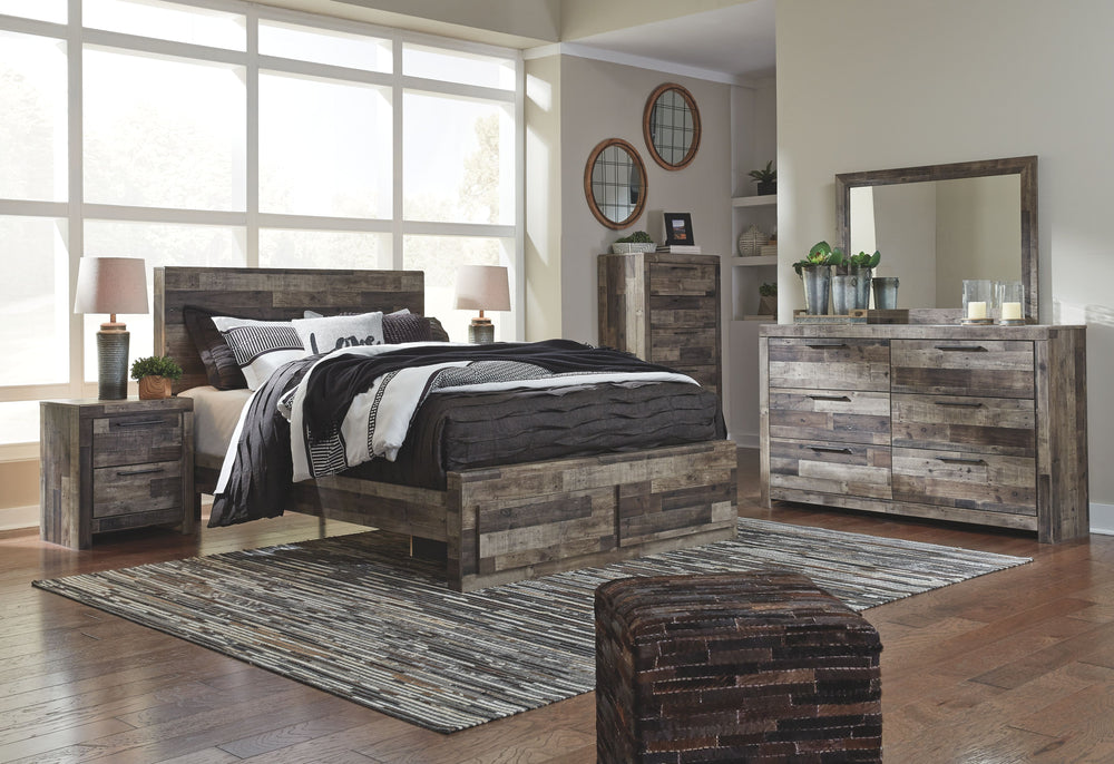 Rustic butcher block finish over replicated pine grain with authentic touch. Cases feature a framed front and pilasters. Bed features a thick and heavy design. Contemporary handles in an antiqued gunmetal finish. Side roller glides for smooth operating dr