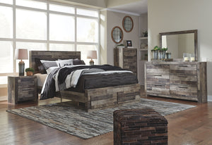 Rustic butcher block finish over replicated pine grain with authentic touch. Cases feature a framed front and pilasters. Bed features a thick and heavy design. Contemporary handles in an antiqued gunmetal finish. Side roller glides for smooth operating dr