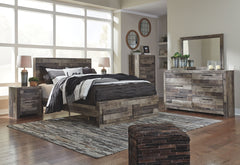 Derekson - 6 Pc. - Dresser, Mirror, Queen Panel Bed with 2 Storage Drawers - Multi Gray