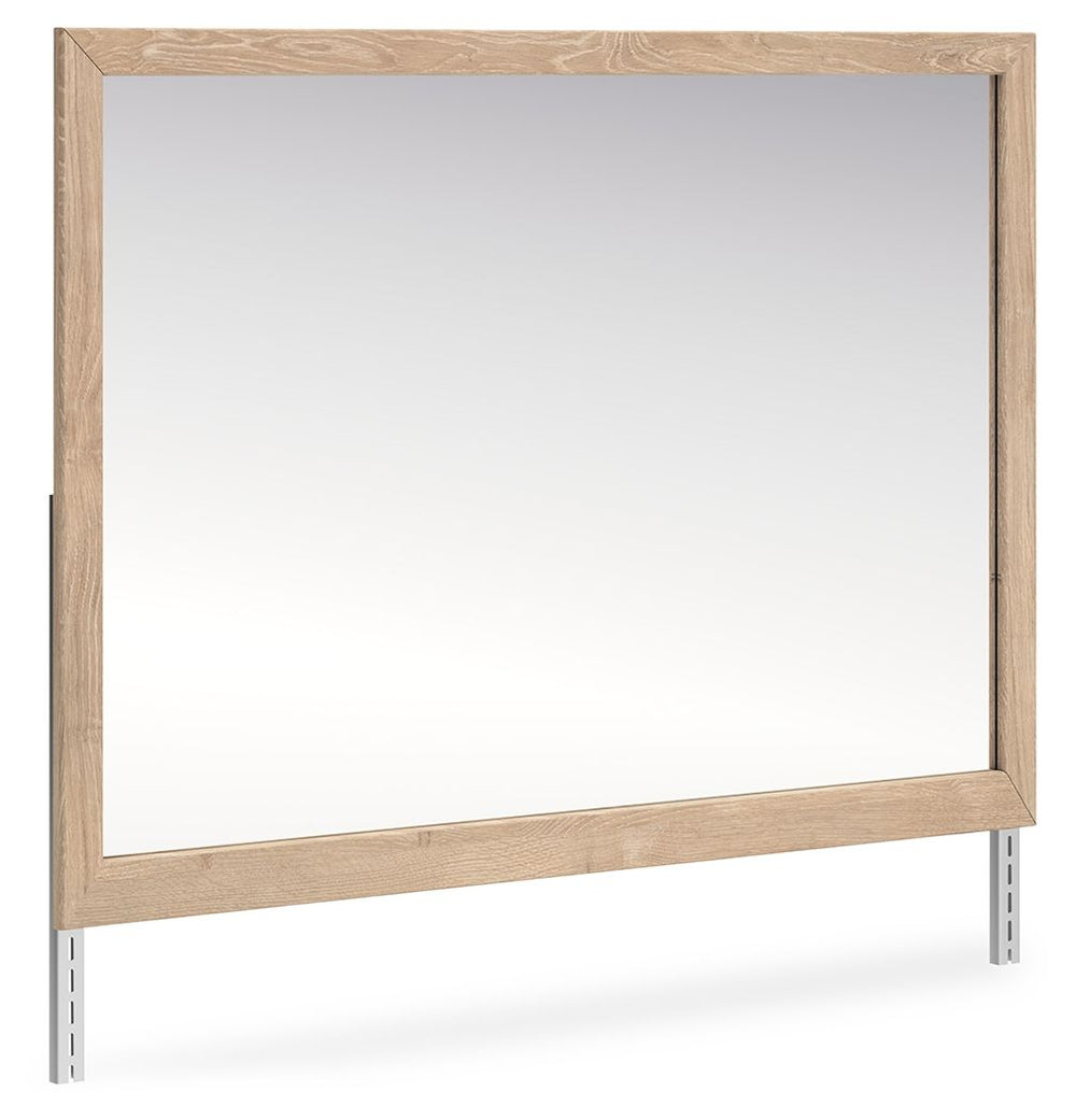 Clean-lined and contemporaryâ€”but far from starkâ€”this bedroom mirror is a fresh style awakening. Its light finish with replicated oak grain brings a naturally versatile vibe to your bedroom. Whether you-'re prepping for work or getting ready to hit the