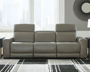 Truly putting high design into recline, this power sofa with gray leather match upholstery proves that just because youâ€™re a recliner doesnâ€™t mean you have to look like one. Deceptively beautiful, its ultra clean-lined aesthetic is as cool and contemp
