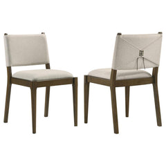 This stylish dining chair merges modern design with elegant craftsmanship. Featuring a wrapped backrest accented by unique brown tie detailing on the back, it adds a sophisticated touch to your dining space. Upholstered in soft light tan fabric, the chair