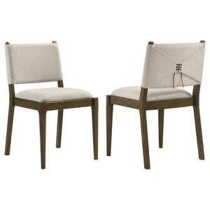 This stylish dining chair merges modern design with elegant craftsmanship. Featuring a wrapped backrest accented by unique brown tie detailing on the back, it adds a sophisticated touch to your dining space. Upholstered in soft light tan fabric, the chair