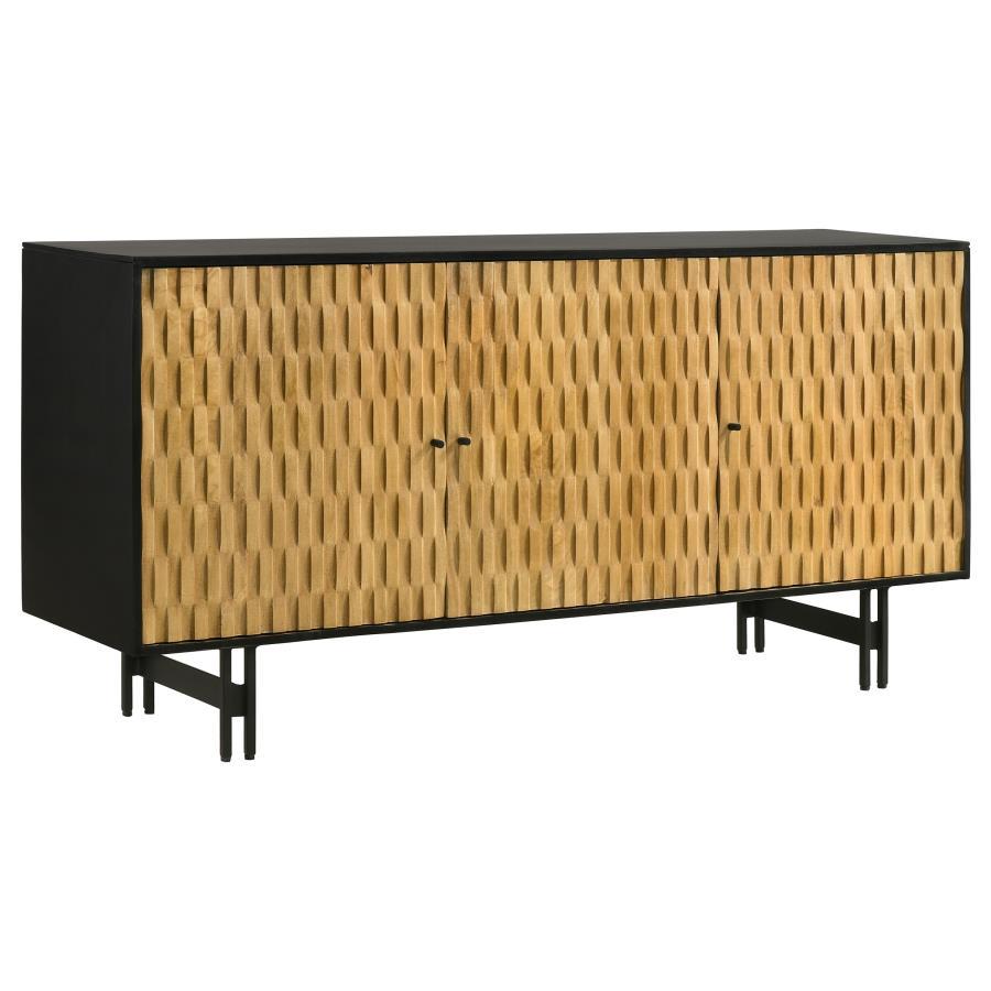 Expertly carved from robust mango wood, this accent cabinet flaunts a captivating 3D tile pattern on its door. The natural finish enriches its depth, complemented by the contrasting black top and sides, infusing a touch of modern flair. This piece seamles