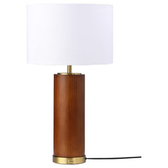 Organic vibes soften the crisp aesthetic of a table lamp with plenty of versatility. This column lamp features a cylinder base covered with rich cappuccino wood construction, adding natural wood grain markings to double down on an earthy motif. Gleaming g