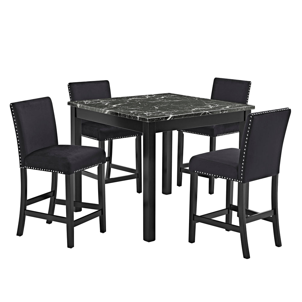 Make a bold statement in your dining space with this elegant counter-height set, where modern sophistication meets everyday functionality. The sleek, faux-marble tabletop exudes luxury while providing a durable and easy-to-clean surface for meals, gatheri