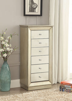 Assembled, 6 Drw Top Lid w/Mirror & Jewelry Storage (Velvet Lined) Side Doors w/Jewelry Storage (Hooks) Cabinet (No Legs) Drawer Front: Mirror Drawer: GLIDE Side Wood, Felt-Lined Drawers Anti-Tipping Strap Included<br/><br/><b>Product Features</b><ul><li>