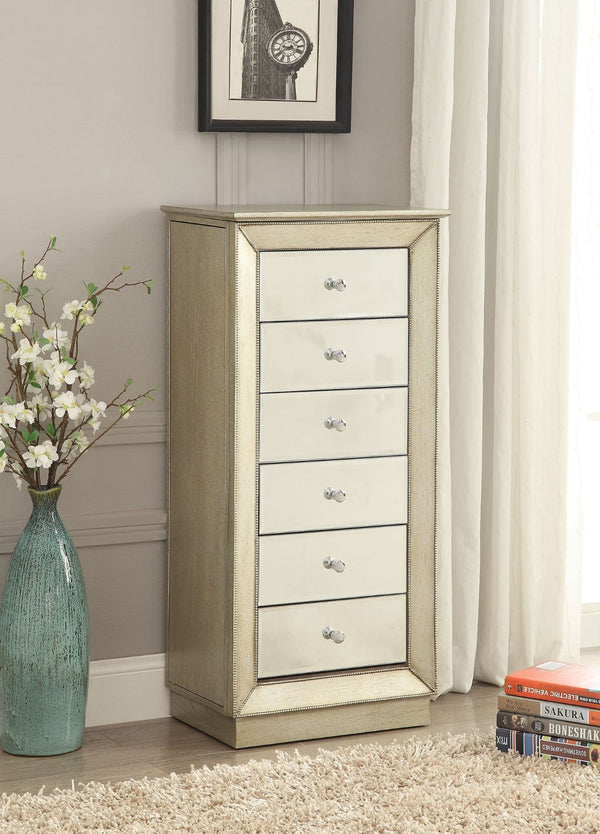 Assembled, 6 Drw Top Lid w/Mirror & Jewelry Storage (Velvet Lined) Side Doors w/Jewelry Storage (Hooks) Cabinet (No Legs) Drawer Front: Mirror Drawer: GLIDE Side Wood, Felt-Lined Drawers Anti-Tipping Strap Included<br/><br/><b>Product Features</b><ul><li>