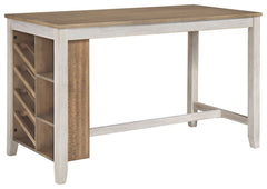 This counter height table with storage invites you to raise the bar on small space living. An inspired choice for coastal chic or modern farmhouse settings, this clean-lined, simply striking table doubles the charm with a brown tone top with plank effect,