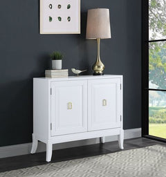 Assembled Rectangular Accent Table w/2 Door Table Top Thickness: 25 mm<br/><br/><b>Product Features</b><ul><li>KD Leg</li><li>Storage: 2 Door Cabinet</li><li>Wooden Tapered Leg</li><li>Magnetic Door Catches</li><li>Case: 1Pc/1Ctn</li><li>Finish: White Fin