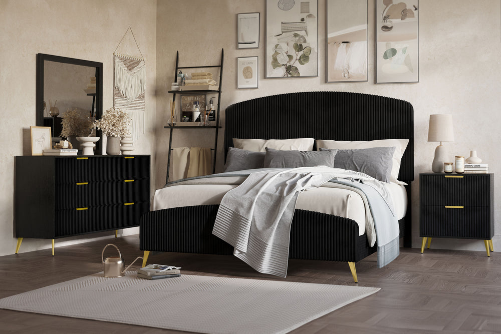 The Kailani 4 Piece Bedroom Set in black combines modern design, luxurious comfort, and eco-friendly construction, making it a stylish and sustainable choice for your bedroom. This set includes an upholstered panel bed, dresser, mirror, and nightstand, al