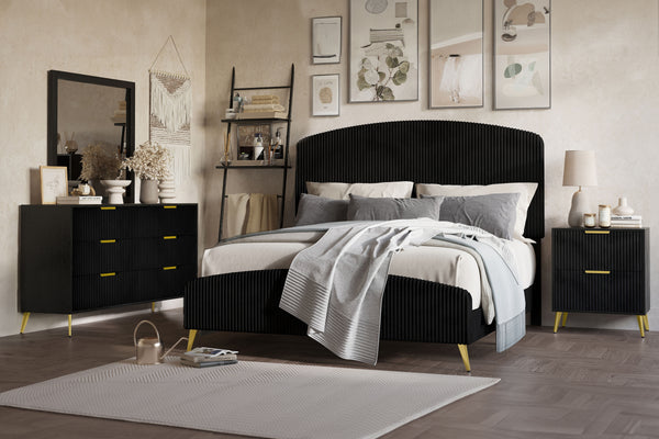 The Kailani 4 Piece Bedroom Set in black combines modern design, luxurious comfort, and eco-friendly construction, making it a stylish and sustainable choice for your bedroom. This set includes an upholstered panel bed, dresser, mirror, and nightstand, al