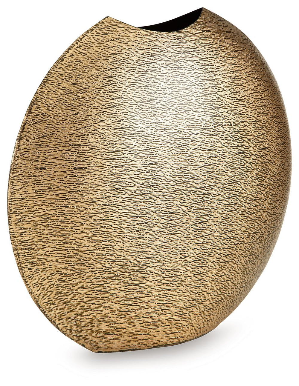 This vase offers a unique take on contemporary stylings. An antiqued goldtone finish has a glam appeal, while the rounded form gives it geometric character. Equally as artistic displayed on its own or with faux greenery, this vase is a statement-making ad