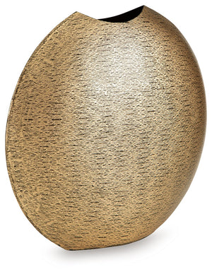 This vase offers a unique take on contemporary stylings. An antiqued goldtone finish has a glam appeal, while the rounded form gives it geometric character. Equally as artistic displayed on its own or with faux greenery, this vase is a statement-making ad