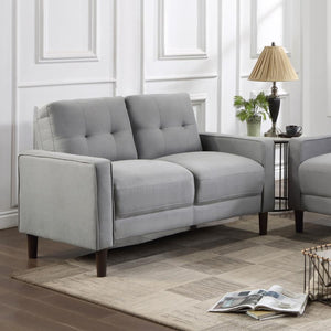  this loveseat boasts a perfect small-scale design. Its classic track arm and self-welt detailing highlight the superior tailoring. The grid-tufted boxed back cushions and pocket coil spring cushion construction 