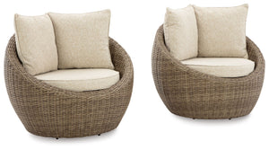 This swivel lounge chair completes your outdoor seating area with its fresh take on casual comfort. Handwoven resin wicker over a curving aluminum frame balances streamlined style and exceptional durability. High-performance beige Nuvella+â„¢ fabric wraps
