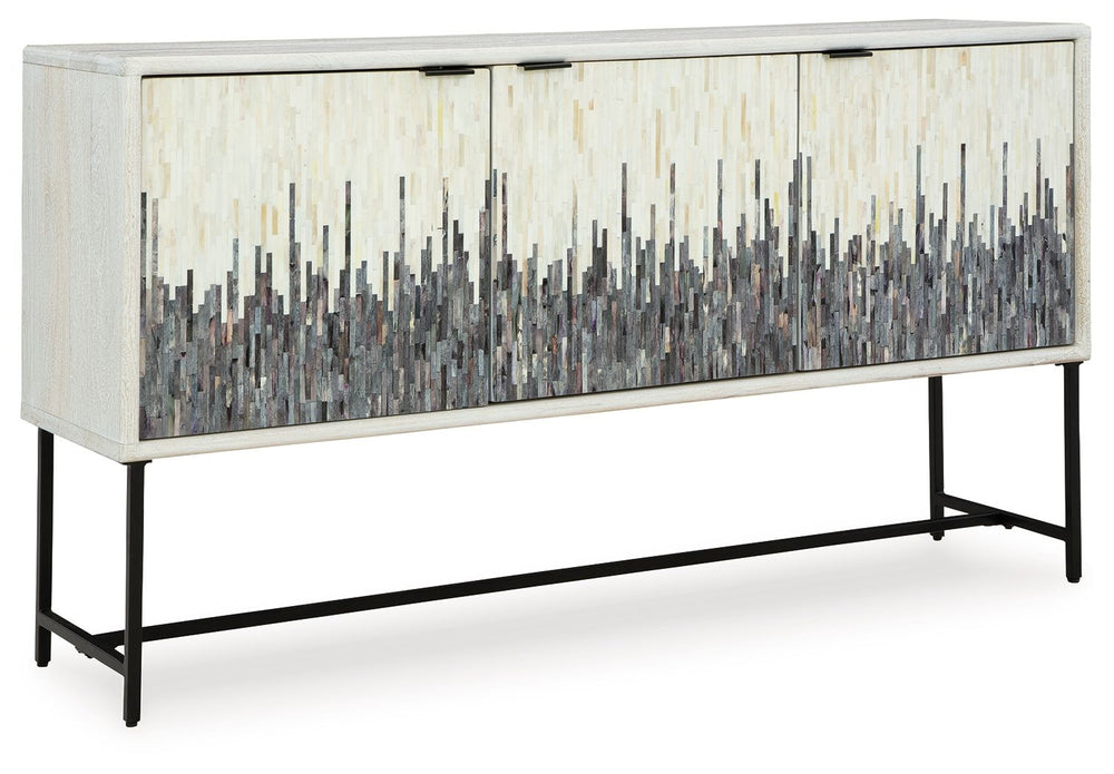 Looking for a showstopping accent for your home? This accent cabinet combines fashion and function in an exclusive way. It offers a creative take on a traditional cabinet, with a strip pattern in white, gray and black. Inside the doors, two shelves suit a