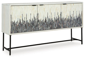 Looking for a showstopping accent for your home? This accent cabinet combines fashion and function in an exclusive way. It offers a creative take on a traditional cabinet, with a strip pattern in white, gray and black. Inside the doors, two shelves suit a