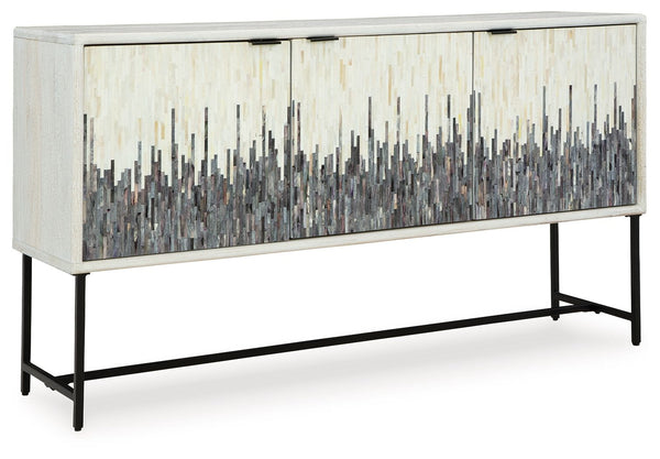Looking for a showstopping accent for your home? This accent cabinet combines fashion and function in an exclusive way. It offers a creative take on a traditional cabinet, with a strip pattern in white, gray and black. Inside the doors, two shelves suit a