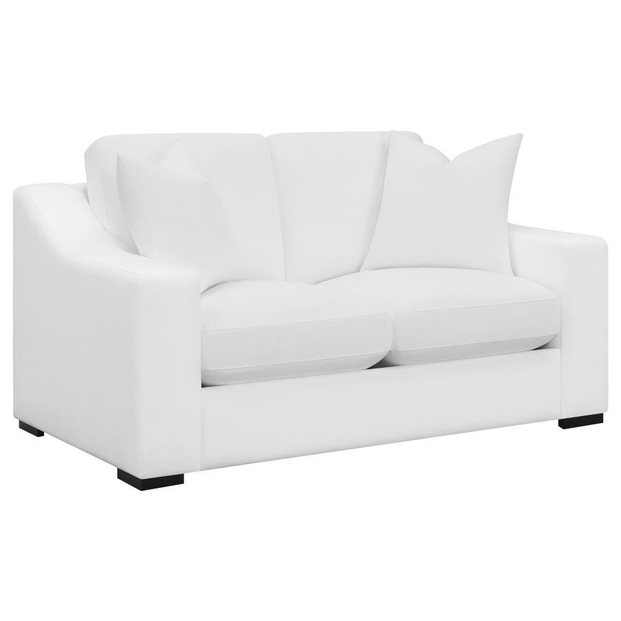 Create your transitional living room interior with this contemporary, white loveseat, upholstered in a white trillium polyester blend fabric throughout its sloped track armrests and top -stitched reversible cushions. A solid wood frame offers long-lasting