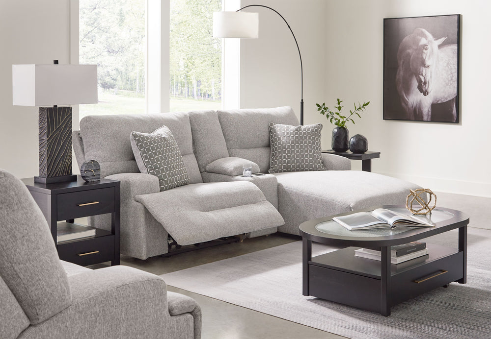 Enjoy the endless adaptability of this living room package. Whether you-'re indulging in slow mornings or settling in for movie night, it keeps you comfortable in contemporary style. One-touch controls effortlessly adjust the recliner and headrest to suit
