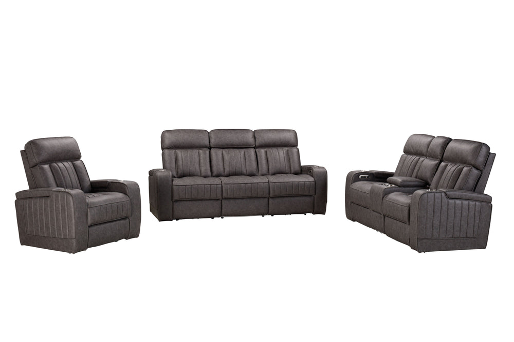 Spice up your movie nights with the Equinox Sofa Group. Consisting of the coordinating Equinox Power Sofa, Power Console Loveseat, and Power Recliner, each power seat also features armrest storage and independently operating power headrests for personaliz