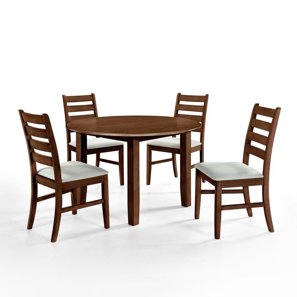 Experience the Pascal 5 Piece Dining Room Set in warm Walnut Brown, featuring a round wood table and four dining chairs. Crafted from a blend of solid Rubberwood and manufactured woods, this set ensures long-lasting durability. The solid wood chairs are r