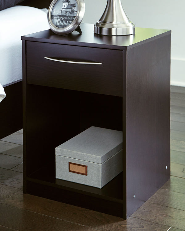  this nightstand blends seamlessly with modern decor and makes a smart addition to a bedroom. The smooth-gliding drawer on metal ball bearings is ideal for bedside essentials. An open cubby provides a nice place for a storage bask