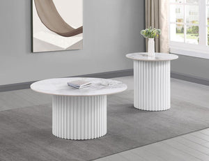 Rowena - Round Sintered Stone End Table - White Faux Marble