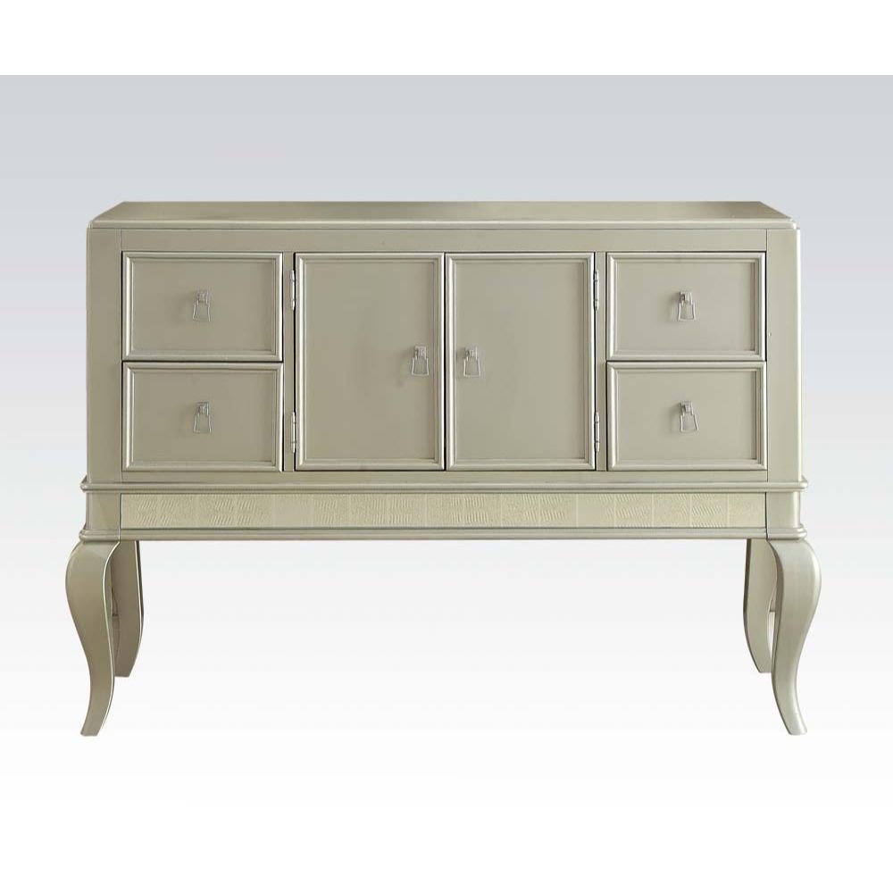 Server w/4 Drw & 2 Wooden Doors (1 Shelf Inside) Base: Mirror Trim Inlay Drawer: GLIDE Wood, DT French, Felt-Lined Not Included KD, Wooden Cabriole Leg<br/><br/><b>Product Features</b><ul><li>Case: 1Pc/1Ctn</li><li>Finish: Champagne</li><li>Style: Transit