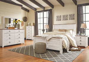 Two-tone finish in white wash replicated worn through paint with authentic touch and a replicated wood grained block pattern with authentic touch. Large scaled shapely bedroom collection features bun feet. Ring pull hardware in an antique brass color, acc