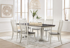 Casual Lifestyle design. Made with solid Acacia wood, Cherry veneer and MDF substrates. Stylish 2-tone finish featuring glazed light gray paint with clean brown cherry stained tops. The double pedestal table base has a casual contemporary vibe for added i