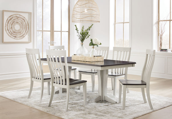 Casual Lifestyle design. Made with solid Acacia wood, Cherry veneer and MDF substrates. Stylish 2-tone finish featuring glazed light gray paint with clean brown cherry stained tops. The double pedestal table base has a casual contemporary vibe for added i
