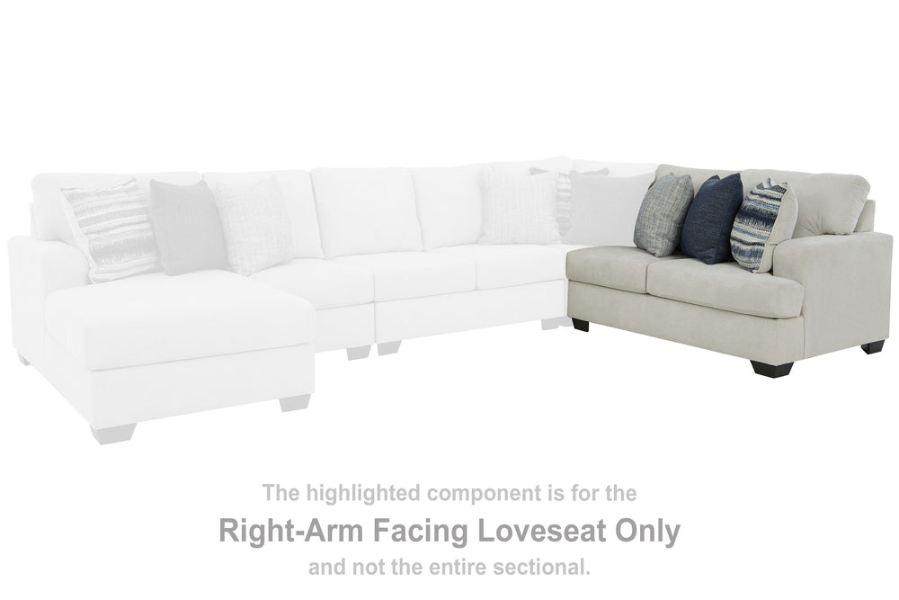 This right-arm facing loveseat is made with polyester upholstery. Pairs with other items in the series to make a sectional.<br><br><b>Additional Dimensions</b><br><ul><li>Arm height: 26-"</li><li>Seat depth: 21-"</li><li>Seat height: 21-"</li><li>Top of c