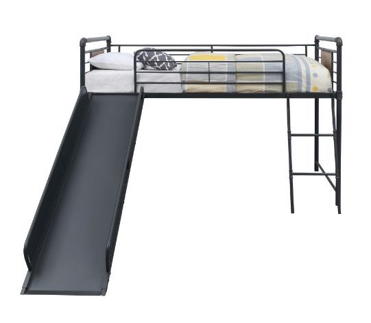 Designed for lower ceiling bedrooms, this Cordelia loft bed with slide is the fun and ideal solution for your guest room or teens bedroom. In a highly sought-after industrial design perfect for a modern home. Constructed in sturdy metal tubes, this loft b