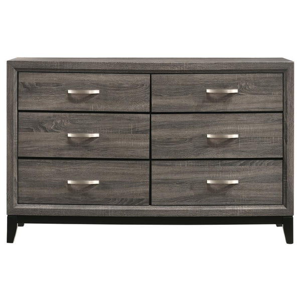  exposed wood grain constructed of oak. Tapered legs in a black finish offer a modern feel