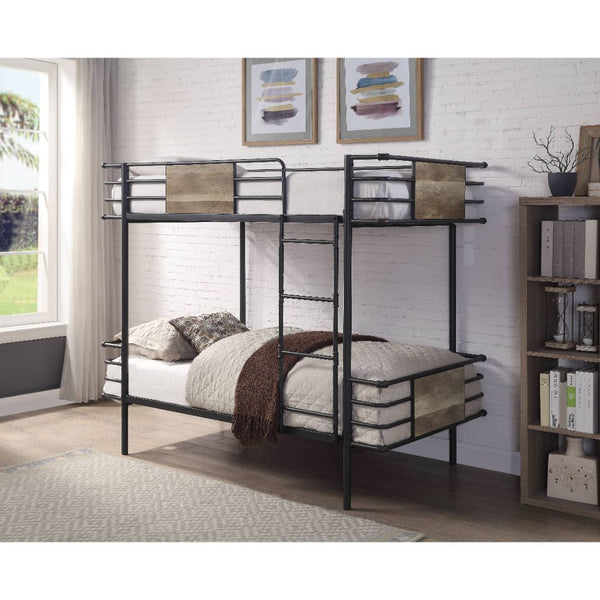  this exceptional bunk bed features twin-size top and bottom bunks. 