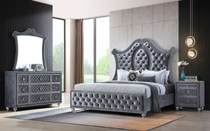 Indulge in the opulence and luxury of this exquisite bedroom collection, where classic glamour meets contemporary design. The grandeur of the tufted, upholstered headboard is framed by an elegantly sculpted silhouette, complemented by the plush finish tha