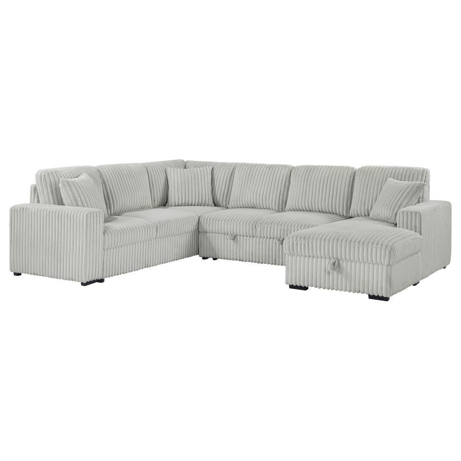 This versatile corduroy sleeper sectional effortlessly converts from cozy seating to a comfortable guest bed with its pop-up sleep surface. A spacious storage chaise keeps essentials at hand, while plush upholstery and three matching pillows provide lasti